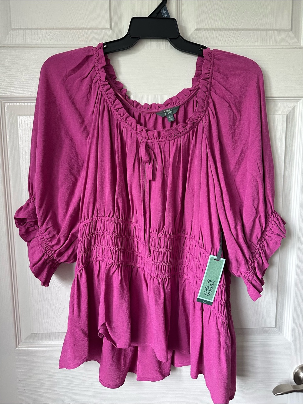 Women's Fuchsia Peasant Blouse with Ruffle Neckline
